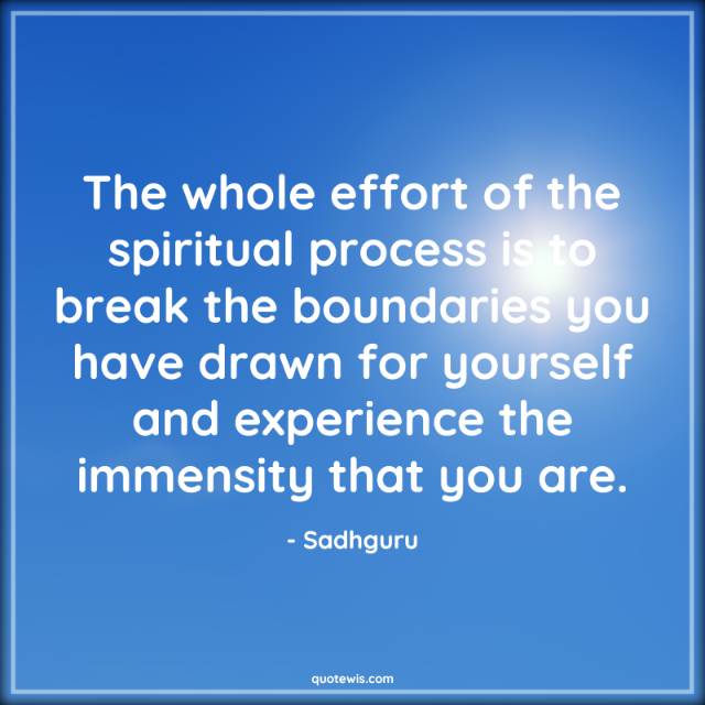 The whole effort of the spiritual process is to break the boundaries you have drawn for yourself and experience the immensity that you are. The whole effort of the spiritual process is to break the boundaries you have drawn for yourself and experience the immensity that you are.