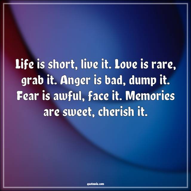 Life is short, live it. Love is rare, grab it. Anger is bad, dump it. Fear is awful, face it. Memories are sweet, cherish it. Life is short, live it. Love is rare, grab it. Anger is bad, dump it. Fear is awful, face it. Memories are sweet, cherish it.