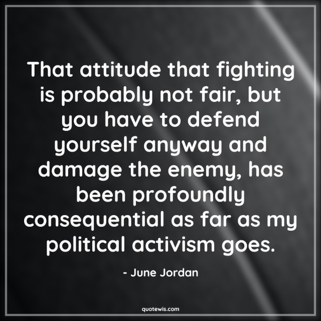 That attitude that fighting is probably not fair, but you have to defend yourself anyway and damage the enemy, has been profoundly consequential as far as my political activism goes. That attitude that fighting is probably not fair, but you have to defend yourself anyway and damage the enemy, has been profoundly consequential as far as my political activism goes.