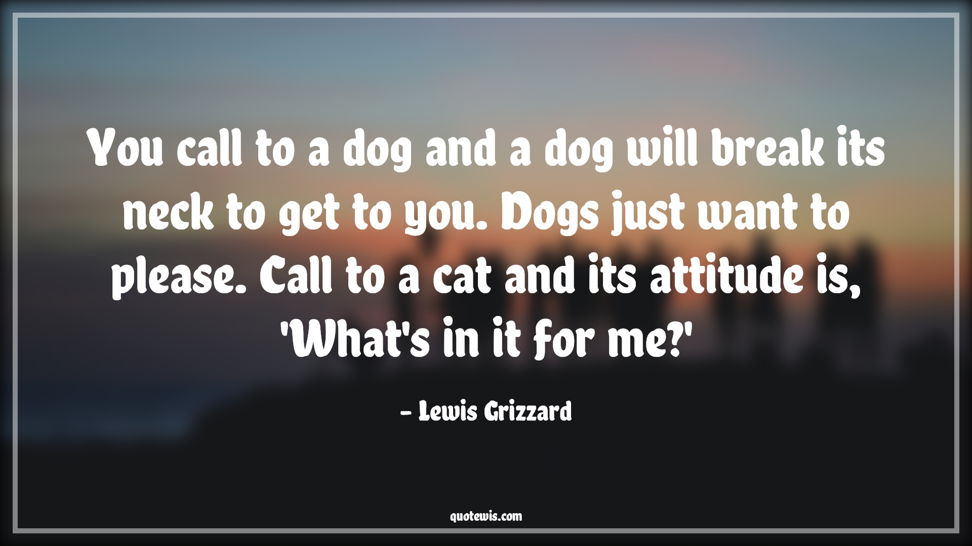 You call to a dog and a dog will break its neck to get to you. Dogs just want to please. Call to a cat and its attitude is, 'What's in it for me?' - Lewis Grizzard Quotes |  Attitude Quotes,
