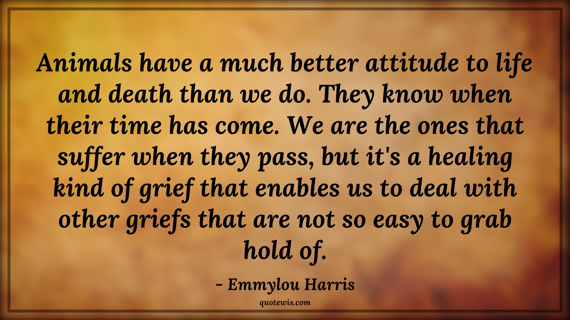 Animals have a much better attitude to life and death than we do. They know when their time has come. We are the ones that suffer when they pass, but it's a healing kind of grief that enables us to deal with other griefs that are not so easy to grab hold of. - Emmylou Harris Quotes |  Attitude Quotes,