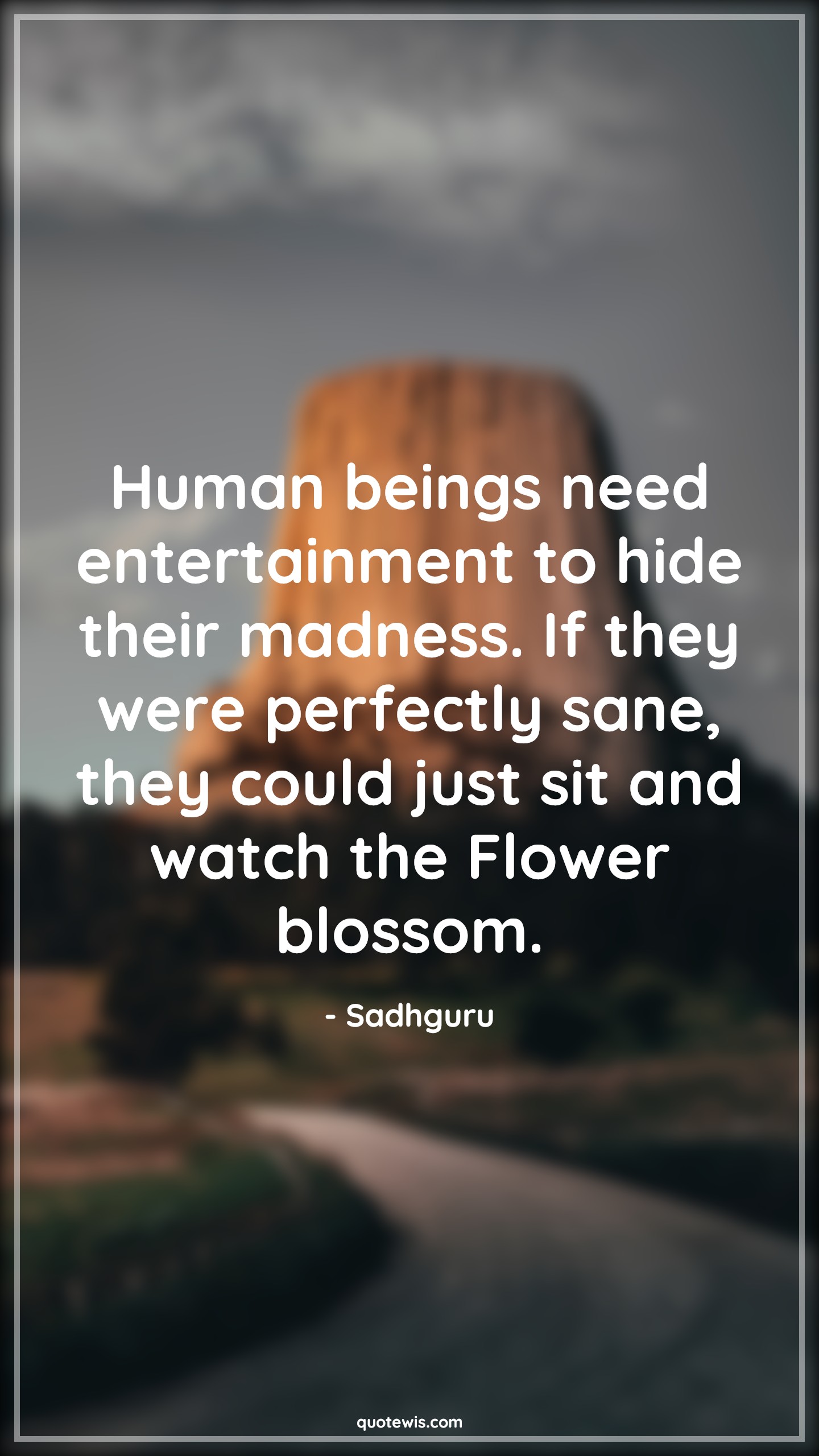Human beings need entertainment to hide their madness. If they were perfectly sane, they could just sit and watch the Flower blossom. - Sadhguru Quotes |  Human being Quotes, Entertainment Quotes, Madness Quotes, Perfection Quotes, Sane Quotes, Sit Quotes, Watch Quotes, Flower Quotes, Blossom Quotes, Sensible Quotes,