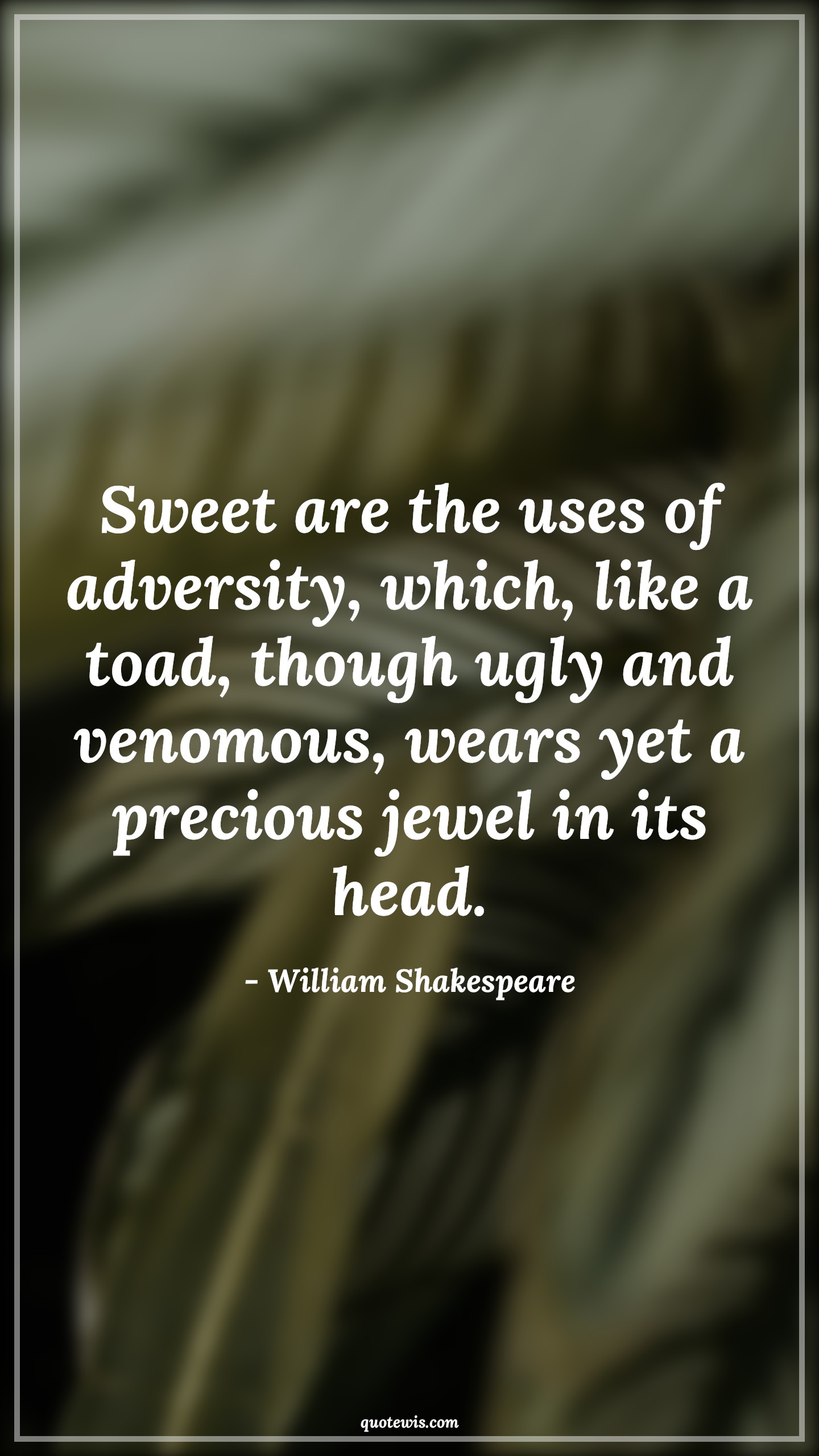 Sweet are the uses of adversity, which, like a toad, though ugly and venomous, wears yet a precious jewel in its head. - William Shakespeare Quotes |  Adversity Quotes,