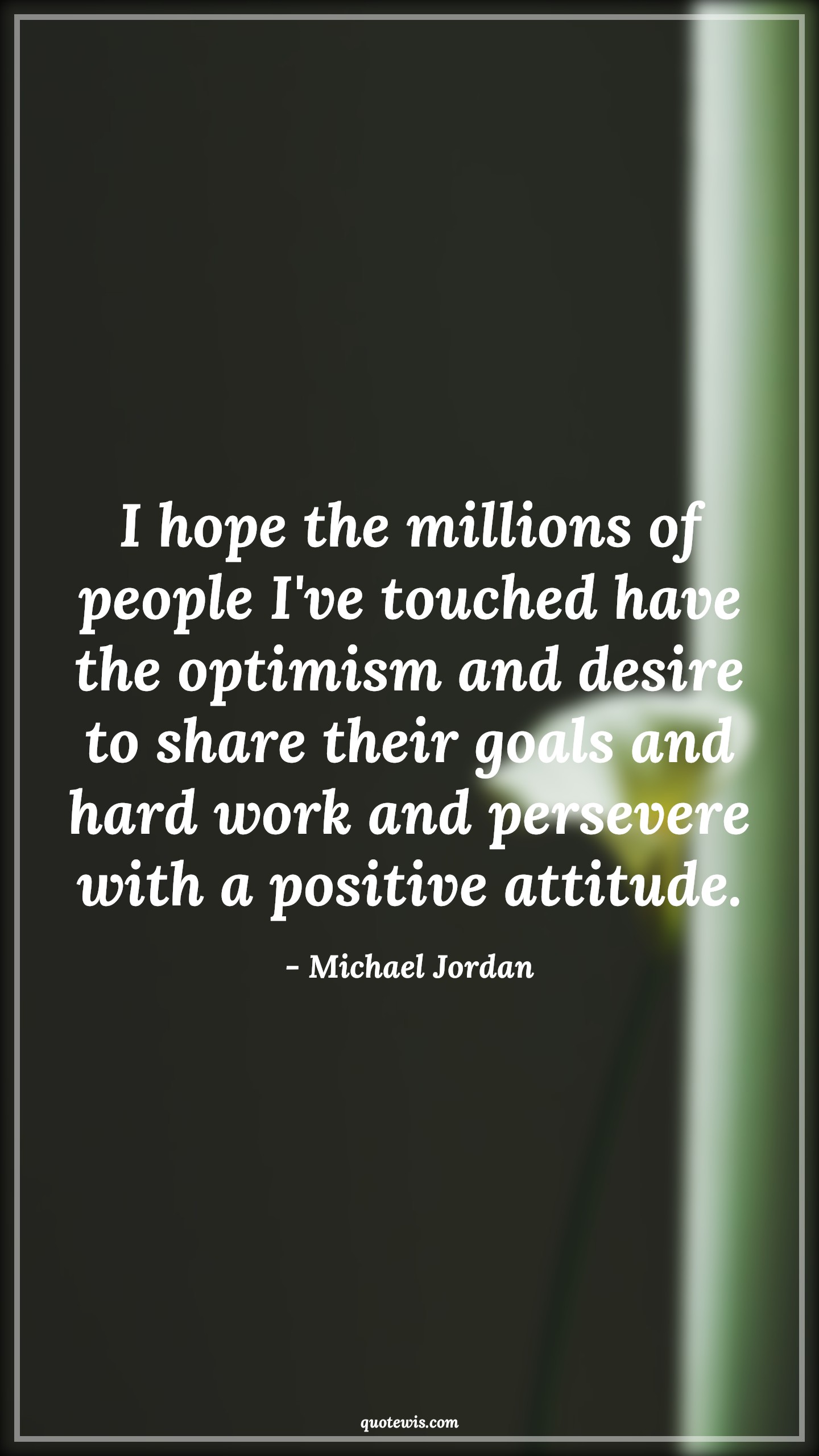 I hope the millions of people I've touched have the optimism and desire to share their goals and hard work and persevere with a positive attitude. - Michael Jordan Quotes |  Attitude Quotes,