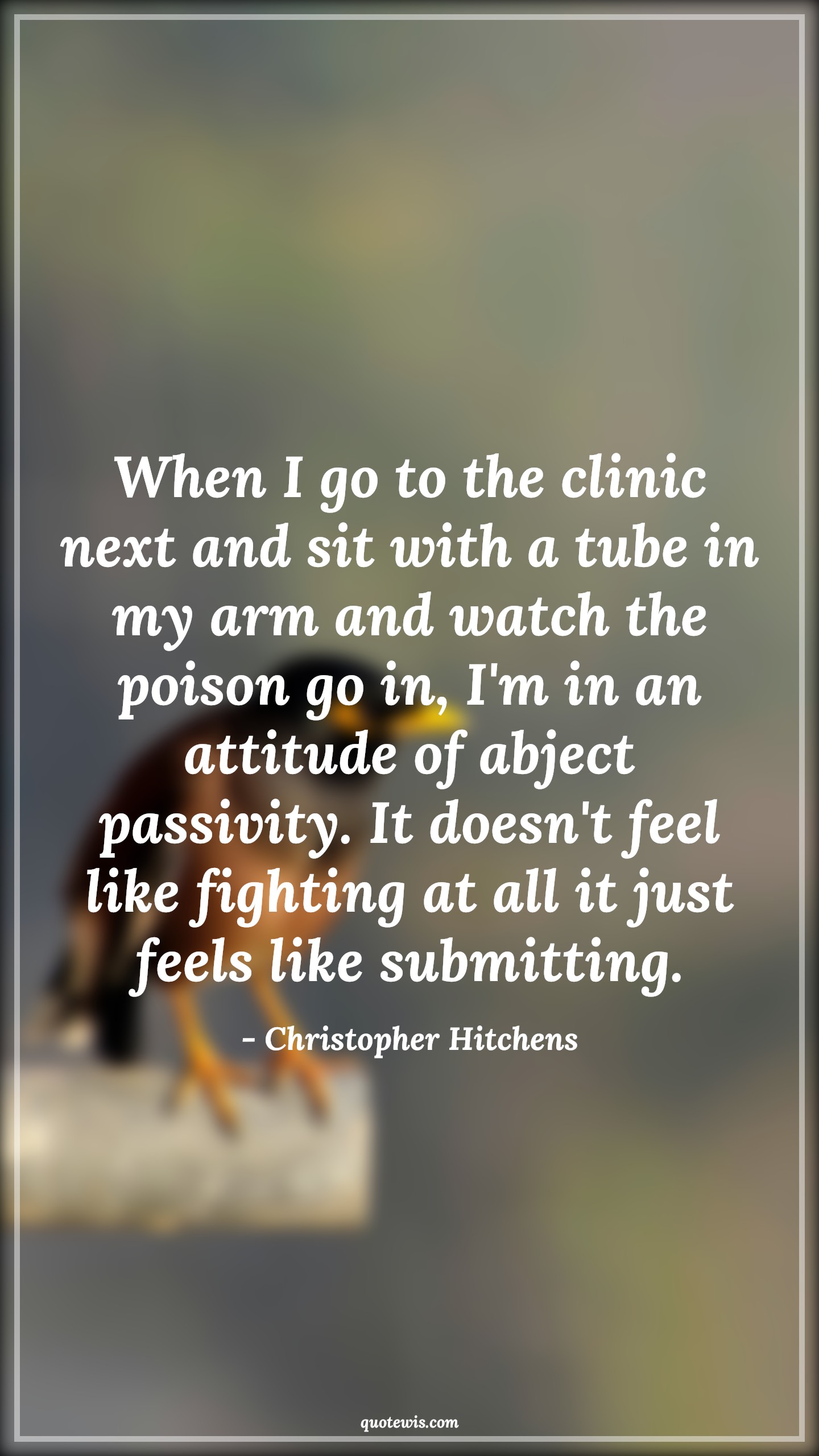 When I go to the clinic next and sit with a tube in my arm and watch the poison go in, I'm in an attitude of abject passivity. It doesn't feel like fighting at all it just feels like submitting. - Christopher Hitchens Quotes |  Attitude Quotes,