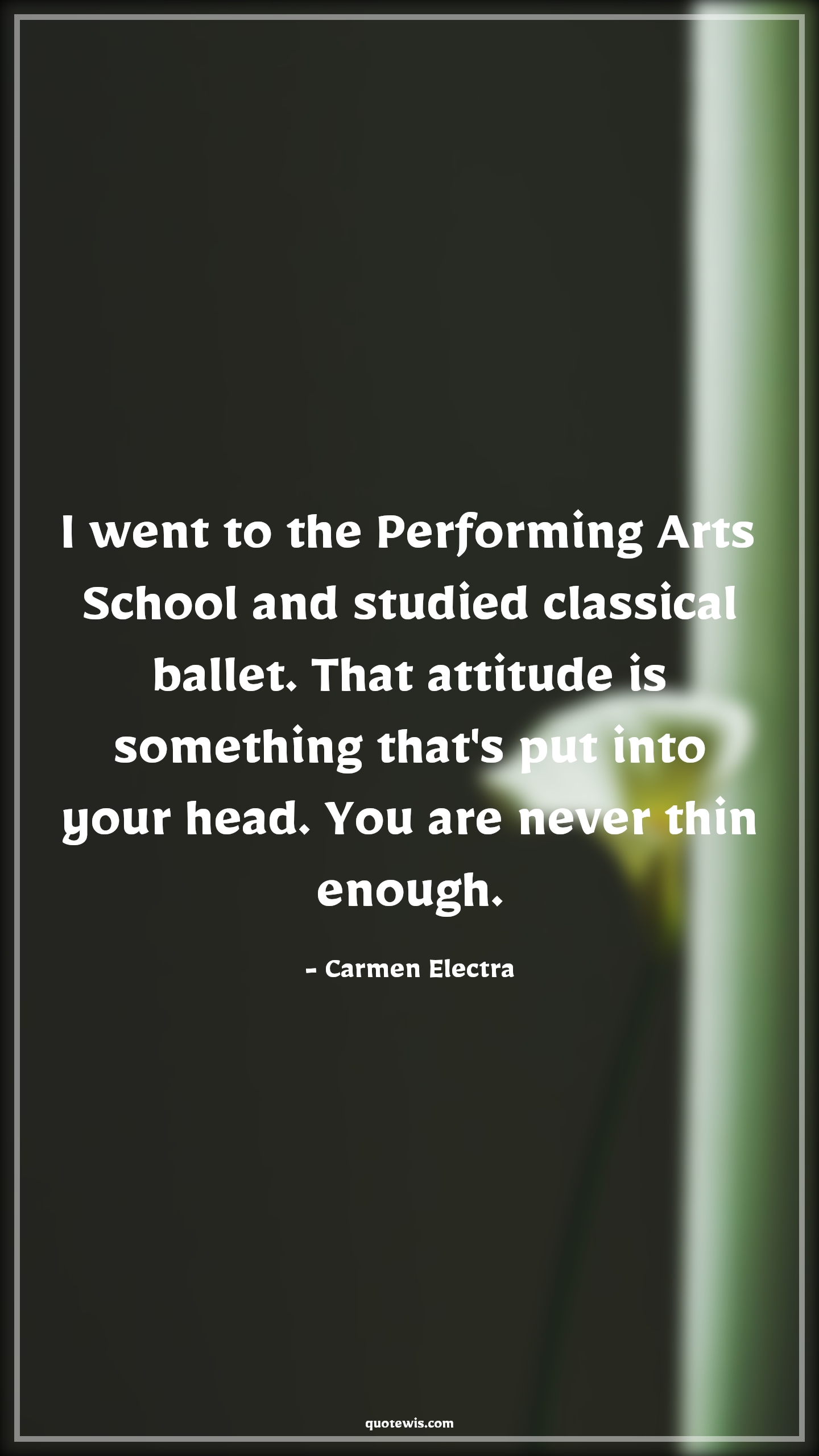 I went to the Performing Arts School and studied classical ballet. That attitude is something that's put into your head. You are never thin enough. - Carmen Electra Quotes |  Attitude Quotes,
