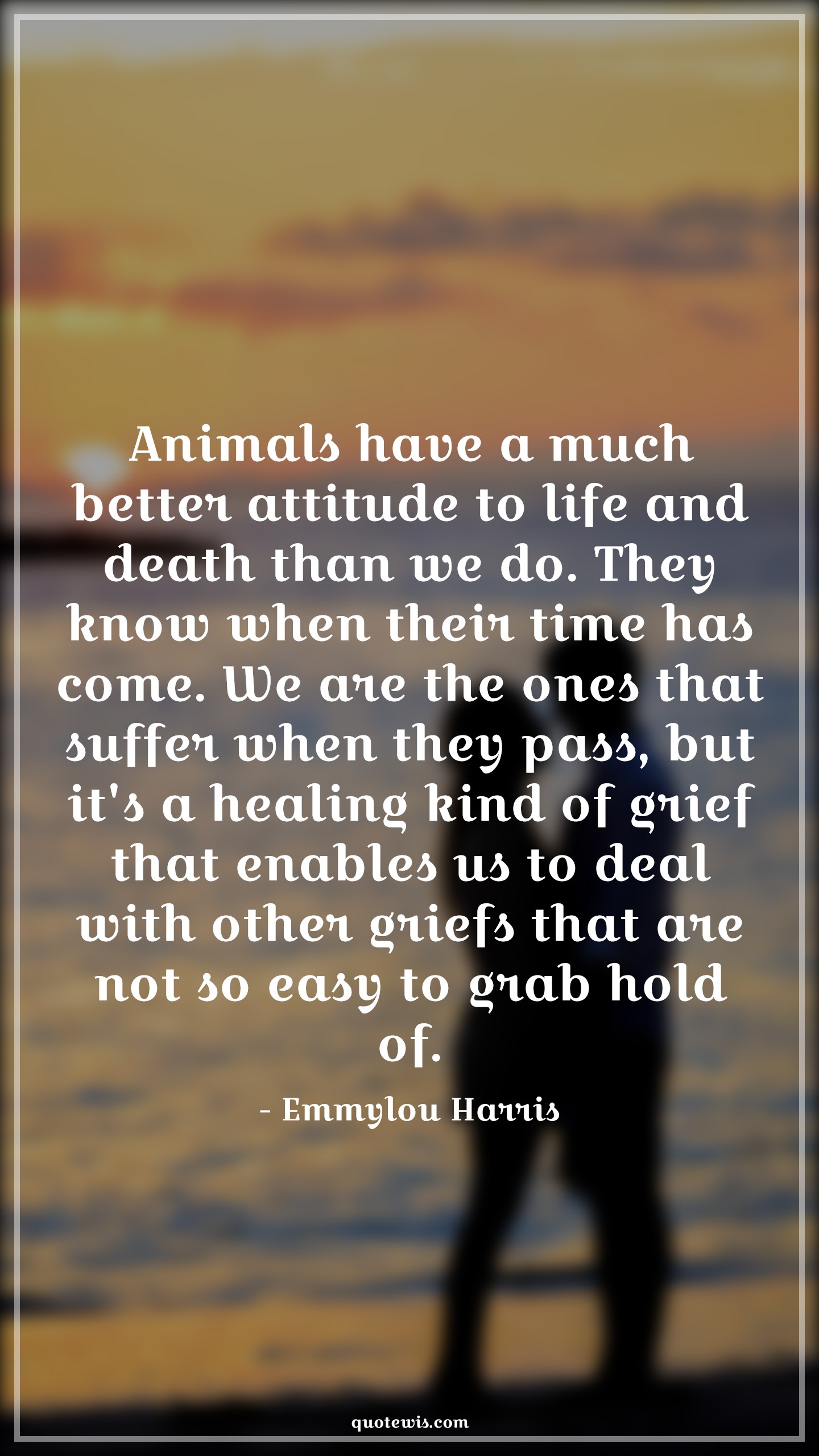 Animals have a much better attitude to life and death than we do. They know when their time has come. We are the ones that suffer when they pass, but it's a healing kind of grief that enables us to deal with other griefs that are not so easy to grab hold of. - Emmylou Harris Quotes |  Attitude Quotes,