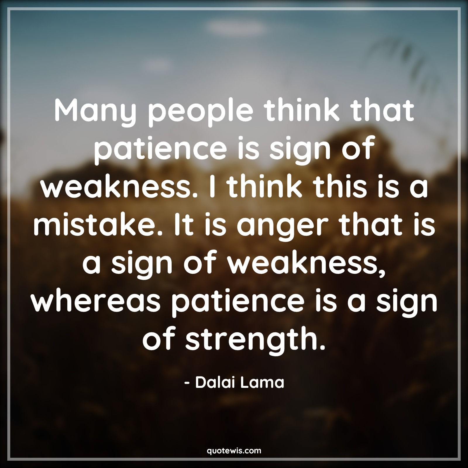 Many people think that patience is sign of weakness. I think this is a mistake. It is anger that is a sign of weakness, whereas patience is a sign of strength. - Dalai Lama Quotes |  Patience Quotes, People Quotes, Thinking Quotes, Sign Quotes, Weak Quotes, Mistake Quotes, Anger Quotes, Strength Quotes,