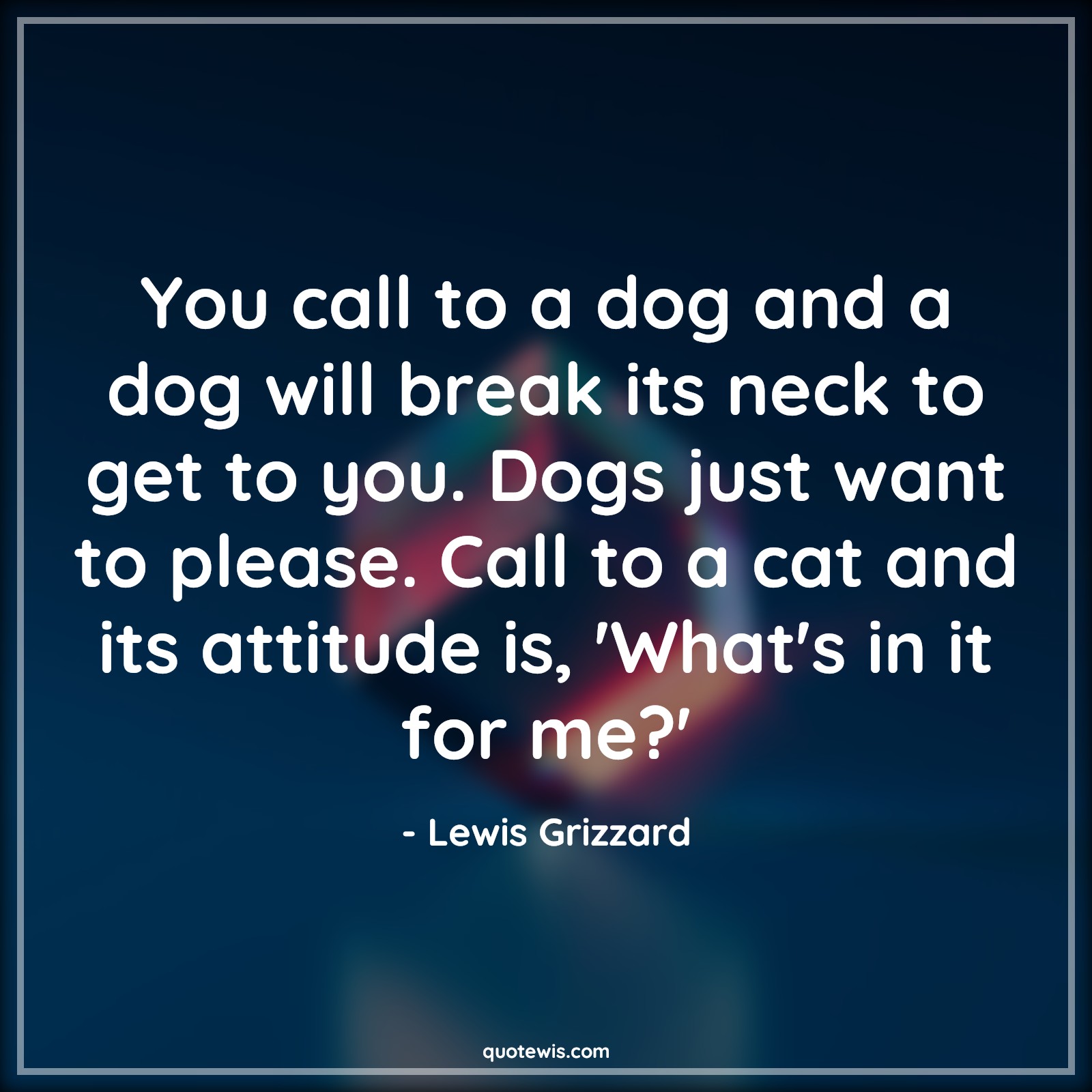 You call to a dog and a dog will break its neck to get to you. Dogs just want to please. Call to a cat and its attitude is, 'What's in it for me?' - Lewis Grizzard Quotes |  Attitude Quotes,