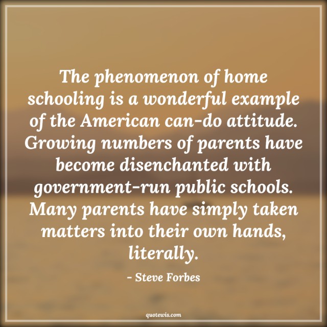 The phenomenon of home schooling is a wonderful example of the American can-do attitude. Growing numbers of parents have become disenchanted with government-run public schools. Many parents have simply taken matters into their own hands, literally.