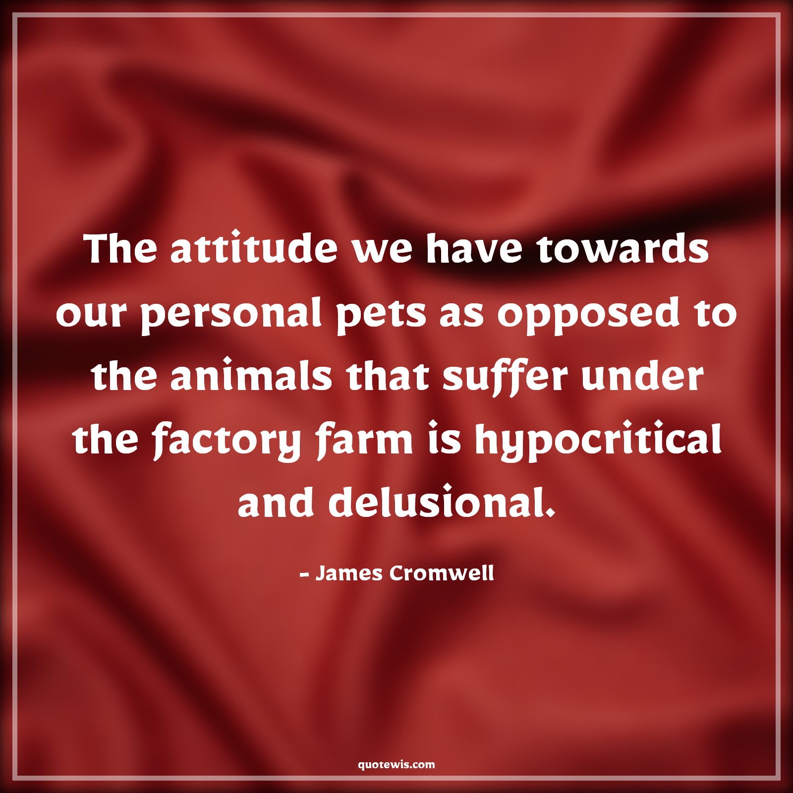 The attitude we have towards our personal pets as opposed to the animals that suffer under the factory farm is hypocritical and delusional. - James Cromwell Quotes |  Attitude Quotes,